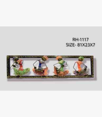 Handcrafted colorful tribal musicians metal wall art panel featuring four seated figures playing folk instruments inside a decorative border frame.