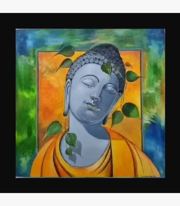 A serene mixed media painting of Lord Buddha with closed eyes, surrounded by falling green Bodhi leaves against a vibrant yellow and blue background, by artist Hitendra Nagani.