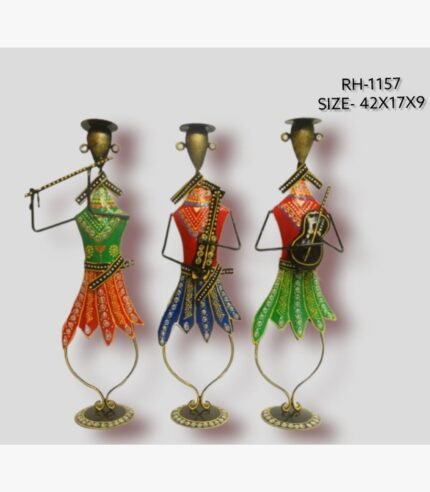 Handcrafted three-piece tall Rajasthani folk musicians iron sculpture set featuring hand-painted traditional attire, instruments, and curved leg wire loops on round base plinths.