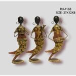 Handcrafted three-piece Rajasthani mermaid musicians iron sculpture set featuring hand-painted traditional motifs on curved fish-tail bodies and oval bases.