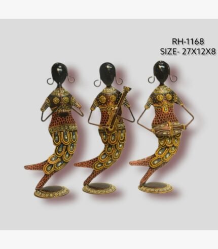 Handcrafted three-piece Rajasthani mermaid musicians iron sculpture set featuring hand-painted traditional motifs on curved fish-tail bodies and oval bases.