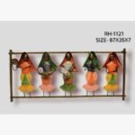 Handcrafted horizontal Rajasthani women musicians metal wall art panel featuring five multi-color hand-painted iron traditional folk players with musical instruments in a rectangular frame.