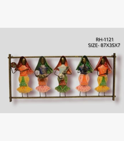 Handcrafted horizontal Rajasthani women musicians metal wall art panel featuring five multi-color hand-painted iron traditional folk players with musical instruments in a rectangular frame.