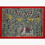 A traditional Madhubani style acrylic painting on canvas of a grand Tree of Life filled with birds, monkeys, and an ornate ceremonial elephant below, by Vidhi Joshi.