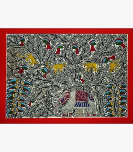 A traditional Madhubani style acrylic painting on canvas of a grand Tree of Life filled with birds, monkeys, and an ornate ceremonial elephant below, by Vidhi Joshi.