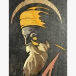 Handcrafted traditional Guru Nanak Dev Ji stone inlay panel titled Spiritual Light featuring natural marble and gemstone contours on a dark textured slate background.