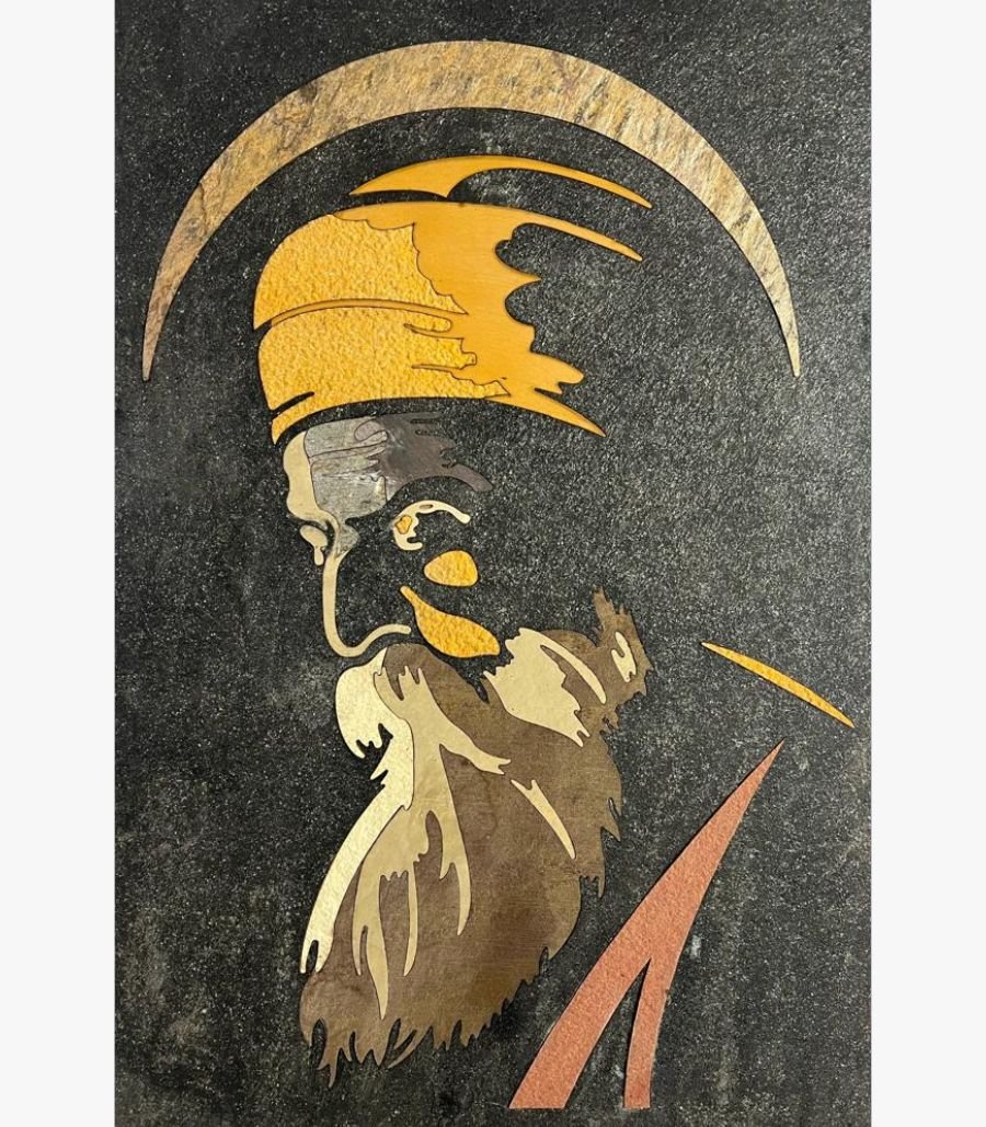 5 Handcrafted traditional Guru Nanak Dev Ji stone inlay panel titled Spiritual Light featuring natural marble and gemstone contours on a dark textured slate background.