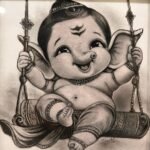 Original fine art charcoal drawing titled Divine Joy by Sachi Patel showing a cute baby Lord Bal Ganesha smiling happily while riding a traditional swinging jhula.