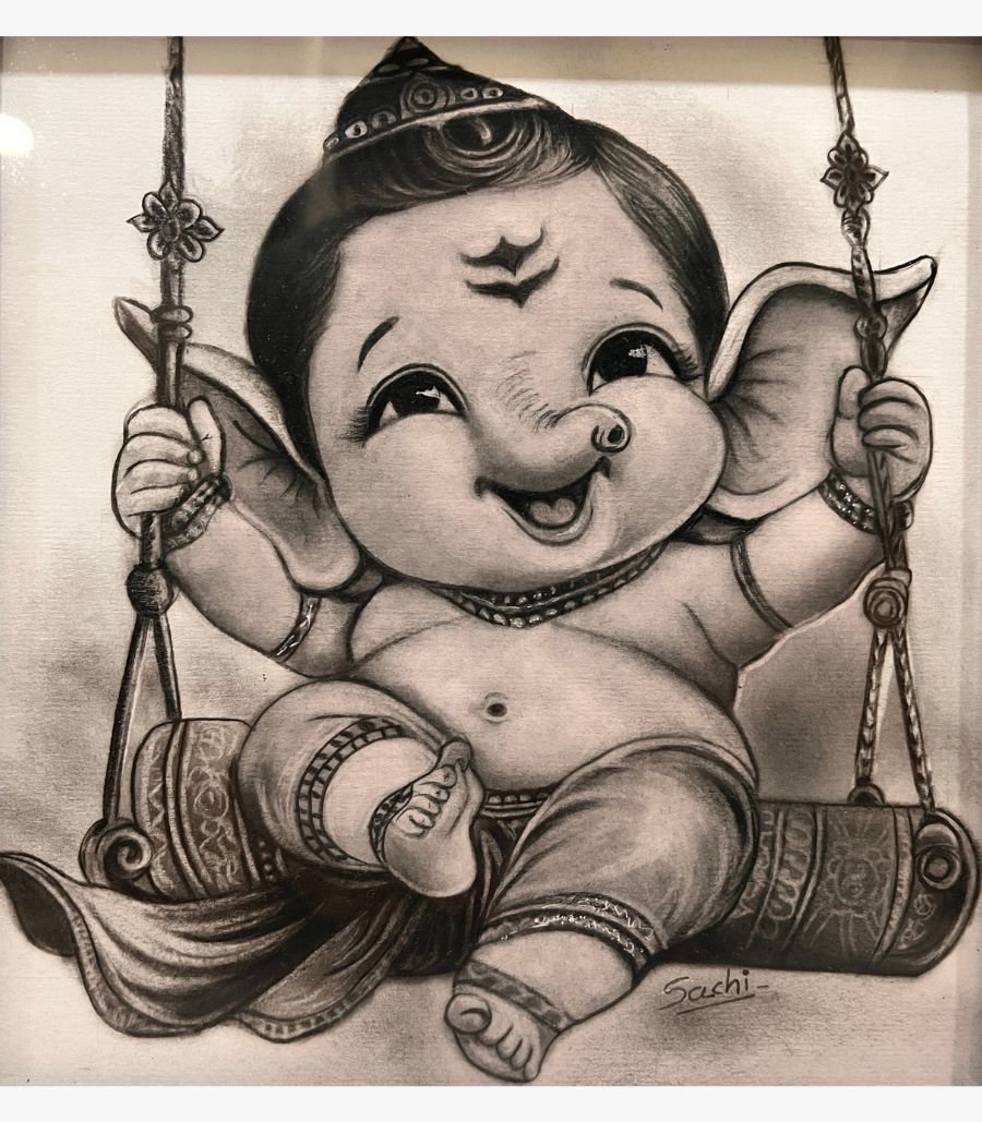 5 Original fine art charcoal drawing titled Divine Joy by Sachi Patel showing a cute baby Lord Bal Ganesha smiling happily while riding a traditional swinging jhula.