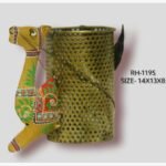 Handcrafted wrought iron traditional Indian camel pen stand titled Desert Majesty by Crafts Heritage featuring a sand-yellow textured body with festive red and green hand-painted lacquer patterns next to a metallic perforated storage cylinder.