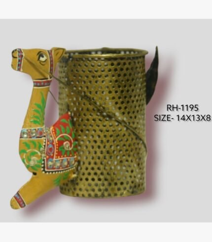 Handcrafted wrought iron traditional Indian camel pen stand titled Desert Majesty by Crafts Heritage featuring a sand-yellow textured body with festive red and green hand-painted lacquer patterns next to a metallic perforated storage cylinder.