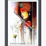 A stylized fine art acrylic painting of Lord Krishna in a serene profile holding a bansuri flute, wearing an orange turban adorned with a peacock feather, by artist Hitendra Nagani.