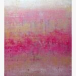 Original abstract pink and gold painting Crimson Horizon by Virendra Kumar, featuring layered textures, magenta gradients, and distressed details in acrylic on canvas.