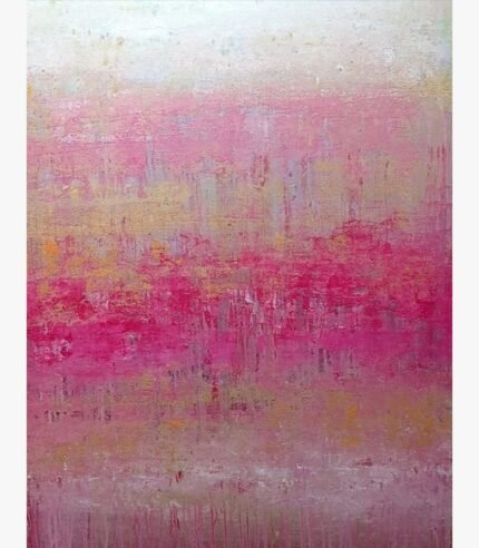 Original abstract pink and gold painting Crimson Horizon by Virendra Kumar, featuring layered textures, magenta gradients, and distressed details in acrylic on canvas.