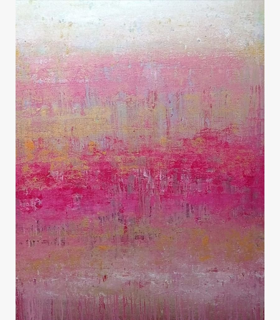 Virendra Kumar - Crimson Horizon - Acrylic on Canvas Original abstract pink and gold painting Crimson Horizon by Virendra Kumar, featuring layered textures, magenta gradients, and distressed details in acrylic on canvas.
