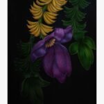 Spring of life acrylic painting by Neha Jain featuring a large purple banana blossom flower surrounded by clusters of yellow and green bananas on a black background.