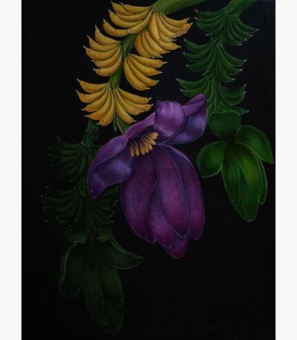 Spring of life acrylic painting by Neha Jain featuring a large purple banana blossom flower surrounded by clusters of yellow and green bananas on a black background.