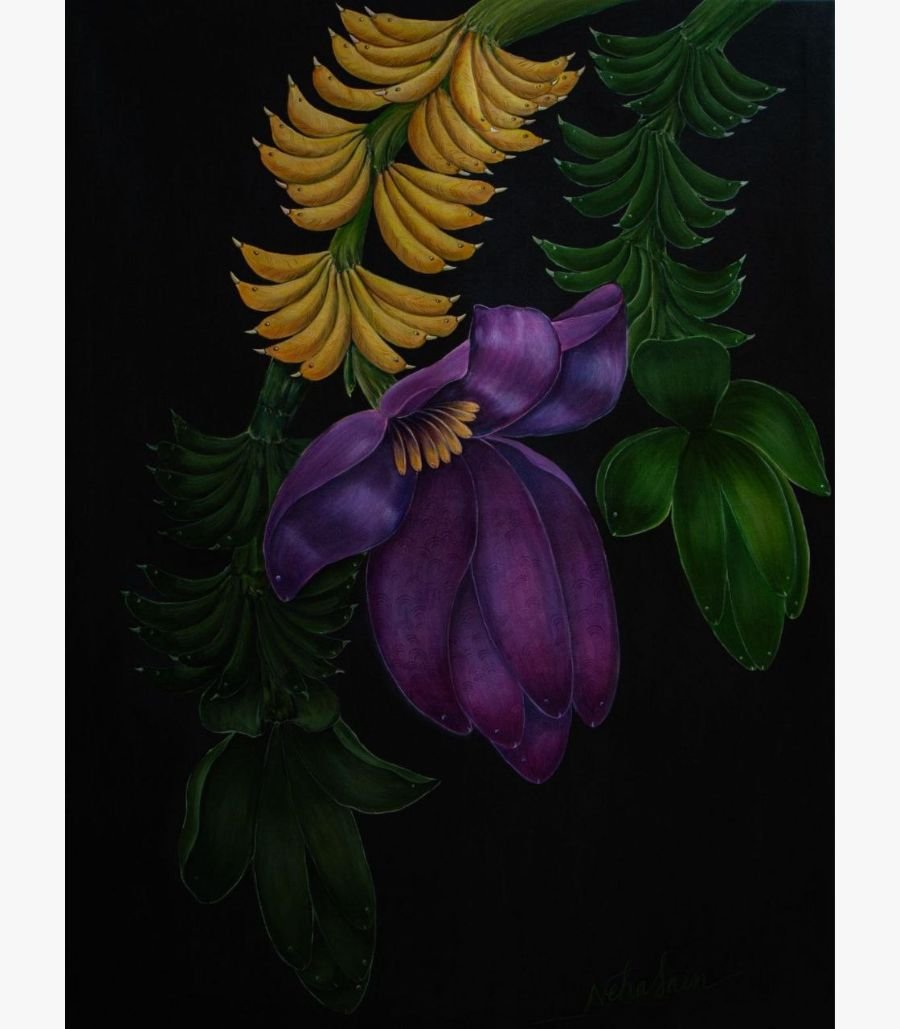 Neha Jain - Spring of life - Acrylic on Canvas Spring of life acrylic painting by Neha Jain featuring a large purple banana blossom flower surrounded by clusters of yellow and green bananas on a black background.