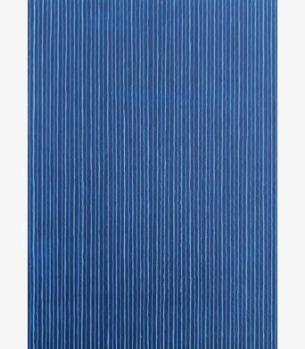 Mystic Blue abstract painting by Harshita Siddhpura featuring dense vertical hand-painted light blue lines over a dark navy blue background.