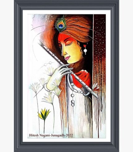 A stylized fine art acrylic painting of Lord Krishna in a serene profile holding a bansuri flute, wearing an orange turban adorned with a peacock feather, by artist Hitendra Nagani.
