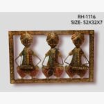 Handcrafted Rajasthani turban musicians metal wall art frame featuring three sitting figures playing folk instruments inside an ornate border frame.
