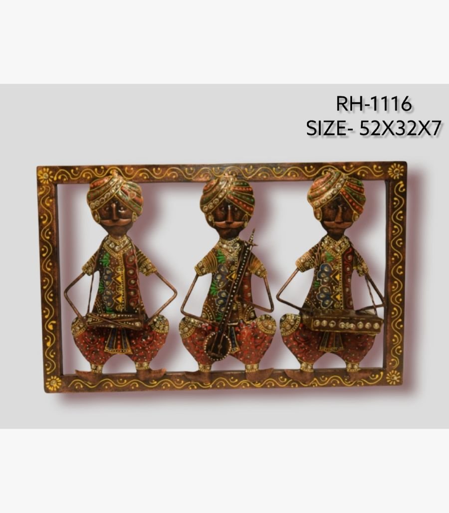 5 Handcrafted Rajasthani turban musicians metal wall art frame featuring three sitting figures playing folk instruments inside an ornate border frame.