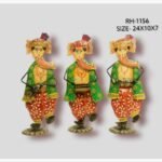 Handcrafted three-piece dancing Ganesha musicians iron statue set featuring hand-painted traditional attire and musical instruments on round base plinths.