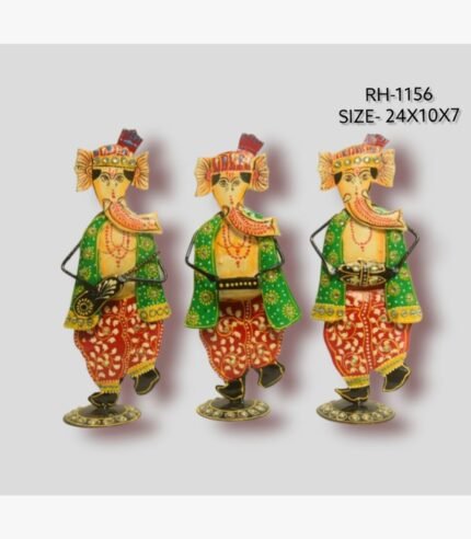 Handcrafted three-piece dancing Ganesha musicians iron statue set featuring hand-painted traditional attire and musical instruments on round base plinths.