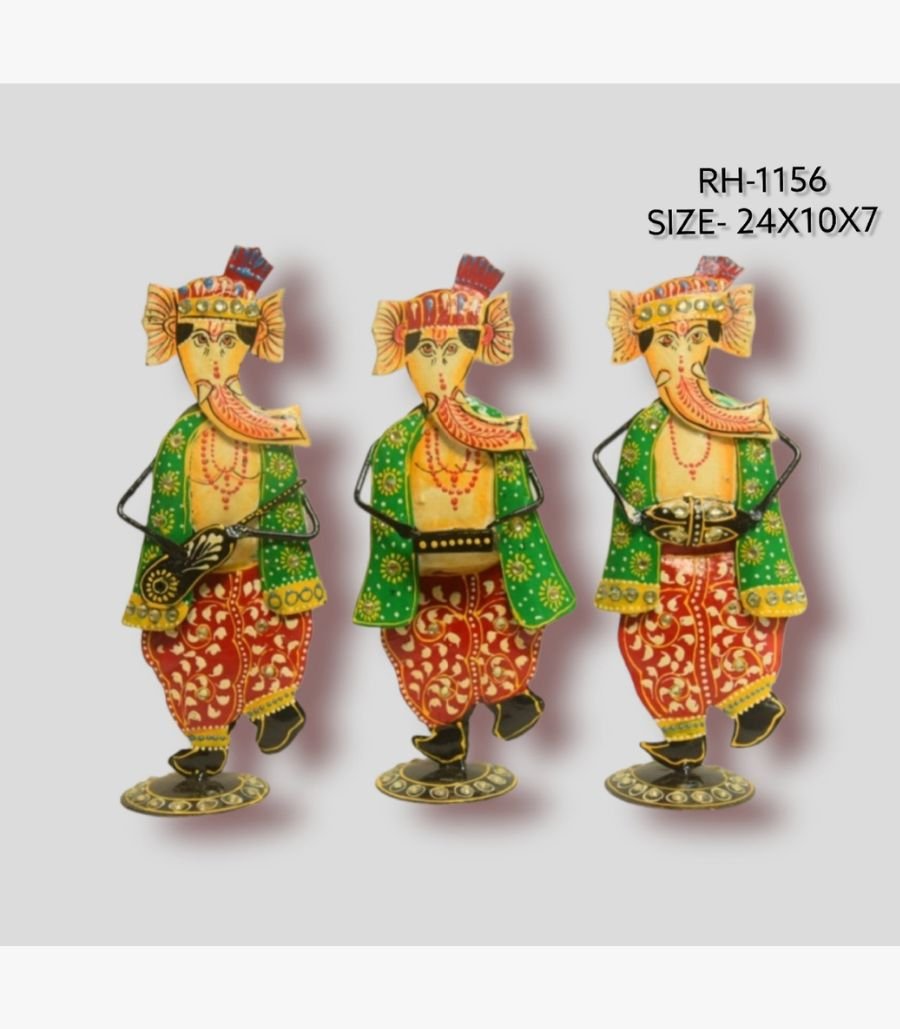 5 Handcrafted three-piece dancing Ganesha musicians iron statue set featuring hand-painted traditional attire and musical instruments on round base plinths.