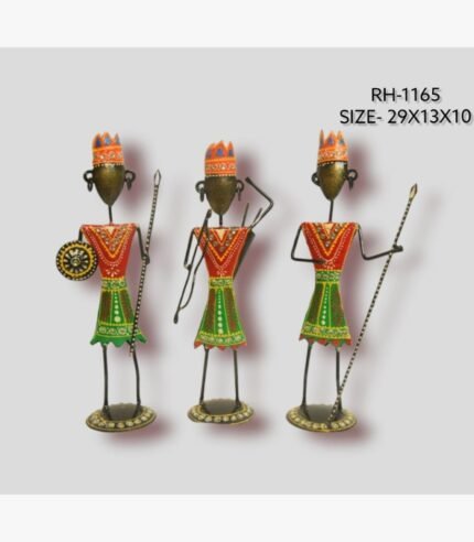 Handcrafted three-piece Rajasthani tribal warriors iron sculpture set featuring hand-painted traditional red and green attire holding a shield, bow, and spears on circular bases.