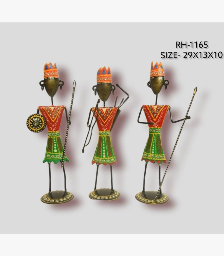 5 Handcrafted three-piece Rajasthani tribal warriors iron sculpture set featuring hand-painted traditional red and green attire holding a shield, bow, and spears on circular bases.