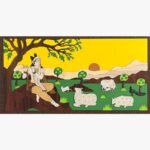 Handcrafted 3D layered wooden wall art titled Lord Krishna Pastoral Serenade featuring a relief sculpture of Krishna playing the flute under a tree surrounded by holy cows and a peacock.