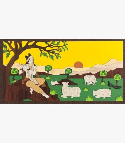 Handcrafted 3D layered wooden wall art titled Lord Krishna Pastoral Serenade featuring a relief sculpture of Krishna playing the flute under a tree surrounded by holy cows and a peacock.