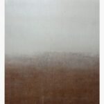Original minimalist abstract painting Earthy Horizon by Virendra Kumar, featuring a stark split gradient of off-white cream and textured rustic brown in acrylic on canvas.