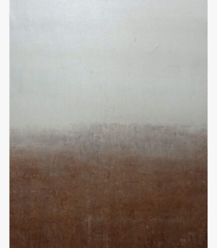 Original minimalist abstract painting Earthy Horizon by Virendra Kumar, featuring a stark split gradient of off-white cream and textured rustic brown in acrylic on canvas.