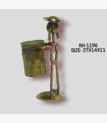 Handcrafted wrought iron ironmongery stick figure man wearing a traditional wide-brimmed hat holding a brass-gold metallic perforated pen organizer cylinder cup.