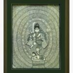 A detailed monochromatic Madhubani style acrylic painting on canvas of Lord Shiva performing the Nataraja dance within concentric oval patterns by Vidhi Joshi.