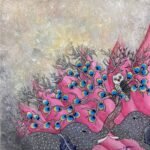 Abundance acrylic painting by Neha Jain featuring a patterned tribal owl on a pink tree with peacock eye details and geometric elephants at the base.