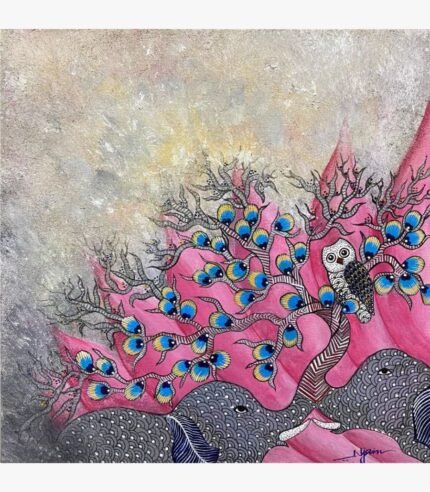 Abundance acrylic painting by Neha Jain featuring a patterned tribal owl on a pink tree with peacock eye details and geometric elephants at the base.
