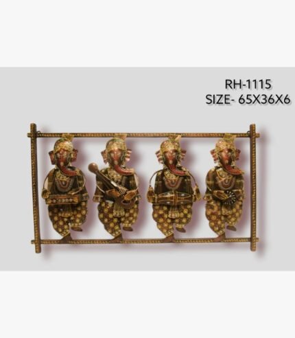 Handcrafted traditional standing musical Ganesha metal wall art frame featuring four stylized figures playing folk instruments inside an iron frame.