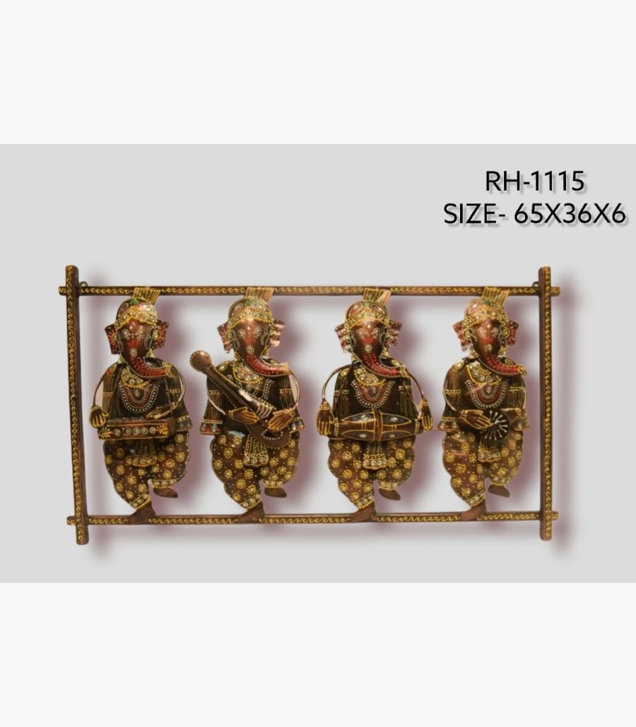 6 Handcrafted traditional standing musical Ganesha metal wall art frame featuring four stylized figures playing folk instruments inside an iron frame.