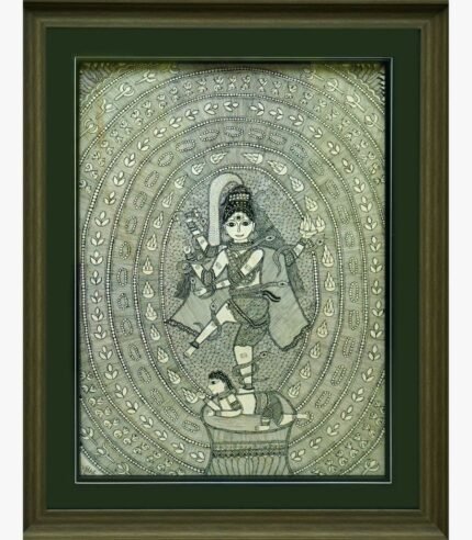 A detailed monochromatic Madhubani style acrylic painting on canvas of Lord Shiva performing the Nataraja dance within concentric oval patterns by Vidhi Joshi.