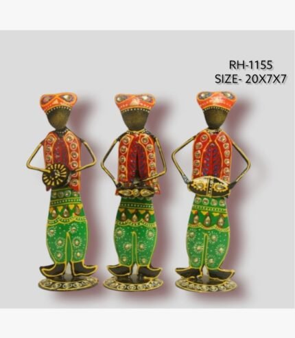 Handcrafted three-piece mini Rajasthani folk musicians iron statue set featuring hand-painted traditional waistcoats and musical instruments on round base plinths.