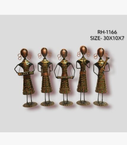 Handcrafted five-piece Rajasthani tribal women musicians iron sculpture set featuring hand-painted black traditional dresses with gold motifs on circular base plinths.