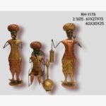 Handcrafted three-piece Rajasthani village elders iron sculpture set featuring standing figures and a seated hookah smoker on an oval base.