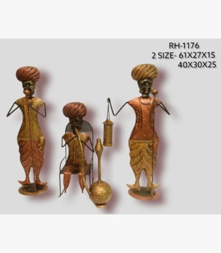 Handcrafted three-piece Rajasthani village elders iron sculpture set featuring standing figures and a seated hookah smoker on an oval base.