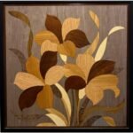 Handcrafted wood inlay marquetry wall art titled Floral Elegance featuring an intricate composition of blooming lilies made from natural timber veneers.