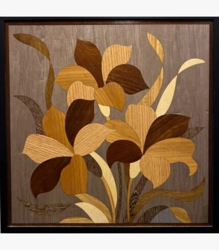 Handcrafted wood inlay marquetry wall art titled Floral Elegance featuring an intricate composition of blooming lilies made from natural timber veneers.