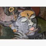 Handcrafted horizontal traditional Krishna stone inlay panel titled Divine Flutist featuring a serene marble face, a peacock feather, and a bansuri flute on an organically textured slate background.