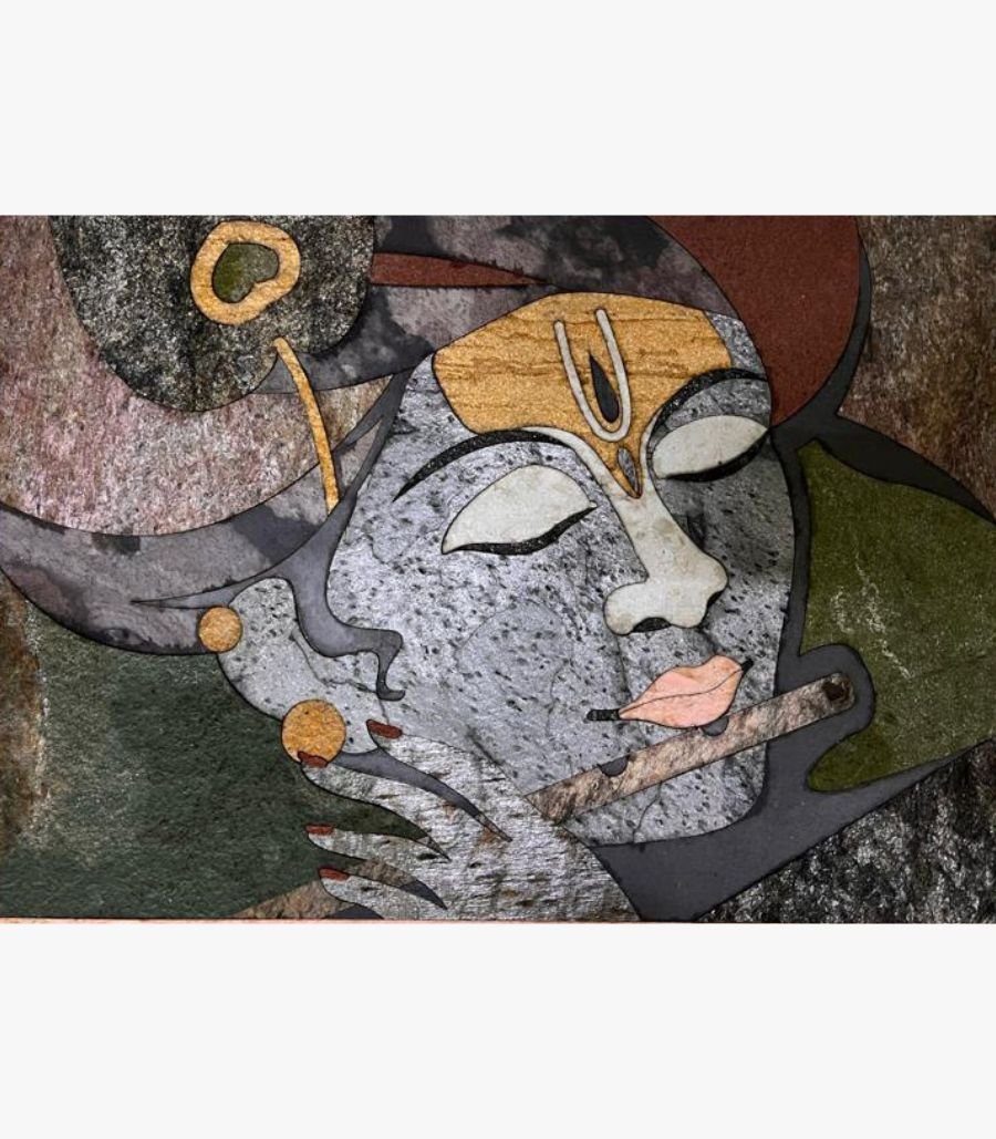 6 Handcrafted horizontal traditional Krishna stone inlay panel titled Divine Flutist featuring a serene marble face, a peacock feather, and a bansuri flute on an organically textured slate background.